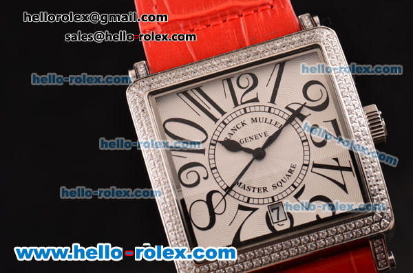 Franck Muller Master Square Swiss Quartz Steel Case with Diamond bezel and Red Leather Strap - Click Image to Close
